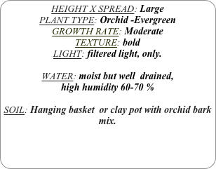 HEIGHT X SPREAD: Large
PLANT TYPE: Orchid -Evergreen
GROWTH RATE: Moderate
TEXTURE: bold
LIGHT: filtered light, only.

WATER: moist but well  drained, 
high humidity 60-70 %

SOIL: Hanging basket  or clay pot with orchid bark mix. 

