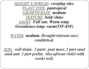 HEIGHT X SPREAD: creeping vine.
PLANT TYPE: pantropical
GROWTH RATE: medium
TEXTURE: bold/ shine
LIGHT: Full sun. Warm temp.
Greenhouse temp. warm(55F-85F)

WATER: medium. Drought tolerant once established.

SOIL: well drain.  3 parts  peat moss, 1 part sand sand and  1 part perlite. Also african violet soilk works well.
