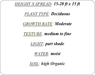 HEIGHT X SPREAD: 15-20 ft x 15 ft

PLANT TYPE: Deciduous

GROWTH RATE: Moderate

TEXTURE: medium to fine

LIGHT: part shade

WATER: moist

SOIL: high Organic
