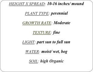 HEIGHT X SPREAD: 10-16 inches/ mound

PLANT TYPE: perennial

GROWTH RATE: Moderate

TEXTURE: fine

LIGHT: part sun to full sun

WATER: moist/ wet, bog

SOIL: high Organic
