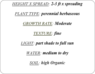 HEIGHT X SPREAD: 2-3 ft x spreading

PLANT TYPE: perennial herbaseous

GROWTH RATE: Moderate

TEXTURE: fine

LIGHT: part shade to full sun

WATER: medium to dry

SOIL: high Organic
