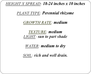 HEIGHT X SPREAD: 18-24 inches x 10 inches

PLANT TYPE: Perennial rhizome

GROWTH RATE: medium

TEXTURE: medium
LIGHT: sun to part shade

WATER: medium to dry

SOIL: rich and well drain.

