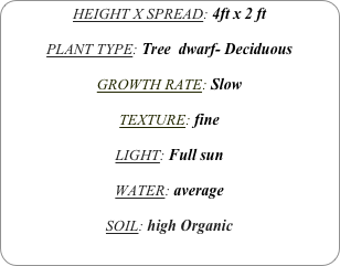 HEIGHT X SPREAD: 4ft x 2 ft

PLANT TYPE: Tree  dwarf- Deciduous

GROWTH RATE: Slow

TEXTURE: fine

LIGHT: Full sun

WATER: average

SOIL: high Organic
