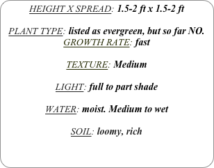 HEIGHT X SPREAD: 1.5-2 ft x 1.5-2 ft

PLANT TYPE: listed as evergreen, but so far NO.
GROWTH RATE: fast

TEXTURE: Medium

LIGHT: full to part shade

WATER: moist. Medium to wet

SOIL: loomy, rich
