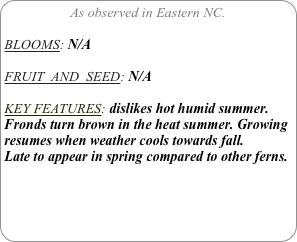 As observed in Eastern NC.

BLOOMS: N/A

FRUIT  AND  SEED: N/A

KEY FEATURES: dislikes hot humid summer. Fronds turn brown in the heat summer. Growing resumes when weather cools towards fall.
Late to appear in spring compared to other ferns. 
