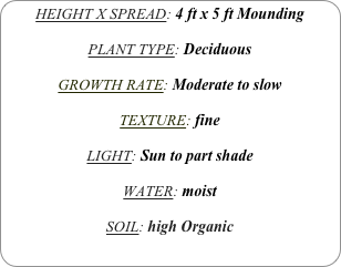 HEIGHT X SPREAD: 4 ft x 5 ft Mounding

PLANT TYPE: Deciduous

GROWTH RATE: Moderate to slow

TEXTURE: fine

LIGHT: Sun to part shade

WATER: moist

SOIL: high Organic
