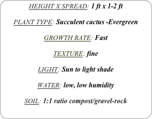 HEIGHT X SPREAD: 1 ft x 1-2 ft

PLANT TYPE: Succulent cactus -Evergreen

GROWTH RATE: Fast

TEXTURE: fine

LIGHT: Sun to light shade

WATER: low, low humidity

SOIL: 1:1 ratio compost/gravel-rock
