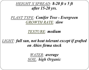 HEIGHT X SPREAD: 8-20 ft x 5 ft 
after 15-20 yrs.

PLANT TYPE: Conifer Tree - Evergreen
GROWTH RATE: slow

TEXTURE: medium

LIGHT: full sun, not heat tolerant except if grafted on Abies firma stock

WATER: average
SOIL: high Organic
