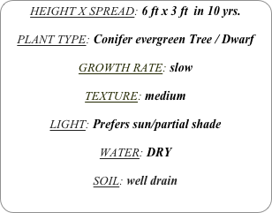HEIGHT X SPREAD: 6 ft x 3 ft  in 10 yrs.

PLANT TYPE: Conifer evergreen Tree / Dwarf

GROWTH RATE: slow

TEXTURE: medium

LIGHT: Prefers sun/partial shade 

WATER: DRY

SOIL: well drain
