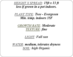 HEIGHT X SPREAD: 15ft x 13 ft
less if grown in a pot indoors.

PLANT TYPE: Tree - Evergreen
Min. temp. indoors 35F

GROWTH RATE: Moderate
TEXTURE: fine

LIGHT: Full sun

WATER: medium, tolerates dryness
SOIL: high Organic
