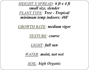 HEIGHT X SPREAD: 6 ft x 4 ft
small size, slender
PLANT TYPE: Tree - Tropical
minimum temp indoors: 40F

GROWTH RATE: medium vigor

TEXTURE: coarse

LIGHT: full sun

WATER: moist, not wet

SOIL: high Organic