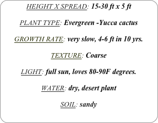 HEIGHT X SPREAD: 15-30 ft x 5 ft

PLANT TYPE: Evergreen -Yucca cactus

GROWTH RATE: very slow, 4-6 ft in 10 yrs.

TEXTURE: Coarse

LIGHT: full sun, loves 80-90F degrees.

WATER: dry, desert plant

SOIL: sandy

