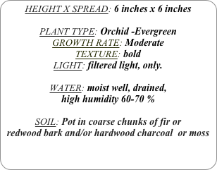 HEIGHT X SPREAD: 6 inches x 6 inches

PLANT TYPE: Orchid -Evergreen
GROWTH RATE: Moderate
TEXTURE: bold
LIGHT: filtered light, only.

WATER: moist well, drained, 
high humidity 60-70 %

SOIL: Pot in coarse chunks of fir or redwood bark and/or hardwood charcoal  or moss
