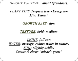 HEIGHT X SPREAD:  about 6ft indoors.

PLANT TYPE:Tropical tree - Evergreen
Min. Temp.?

GROWTH RATE: slow

TEXTURE: bold- medium

LIGHT: full sun
WATER: average, reduce water in winter.
SOIL: slightly acidic. 
Cactus & citrus “miracle grow”
