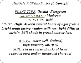HEIGHT X SPREAD: 2-3 ft. Up-right

PLANT TYPE: Orchid -Evergreen
GROWTH RATE: Moderate
TEXTURE: bold
LIGHT: High. At least several hours of light from a bright south facing window with very light diffused curtain, 50% shade in greenhouse or less. 

WATER: moist well, drained, 
high humidity 60-70 %
SOIL: Pot in coarse chunks of fir or redwood bark and/or hardwood charcoal 
