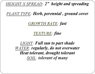 HEIGHT X SPREAD: 2”  height and spreading

PLANT TYPE: Herb, perennial , ground cover

GROWTH RATE: fast

TEXTURE: fine

LIGHT: Full sun to part shade
WATER: regularly, do not overwater
Heat tolerant, drought tolerant
SOIL: tolerant of many
