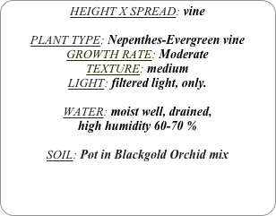 HEIGHT X SPREAD: vine

PLANT TYPE: Nepenthes-Evergreen vine
GROWTH RATE: Moderate
TEXTURE: medium
LIGHT: filtered light, only.

WATER: moist well, drained, 
high humidity 60-70 %

SOIL: Pot in Blackgold Orchid mix

