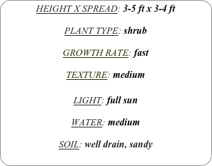 HEIGHT X SPREAD: 3-5 ft x 3-4 ft

PLANT TYPE: shrub

GROWTH RATE: fast

TEXTURE: medium

LIGHT: full sun

WATER: medium

SOIL: well drain, sandy
