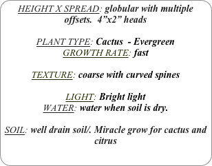 HEIGHT X SPREAD: globular with multiple offsets.  4”x2” heads

PLANT TYPE: Cactus  - Evergreen
GROWTH RATE: fast

TEXTURE: coarse with curved spines

LIGHT: Bright light
WATER: water when soil is dry.

SOIL: well drain soil/. Miracle grow for cactus and citrus
