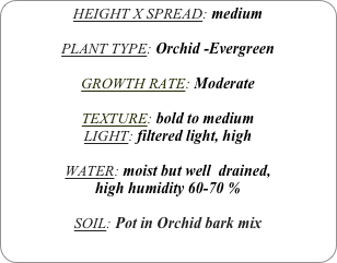 HEIGHT X SPREAD: medium

PLANT TYPE: Orchid -Evergreen

GROWTH RATE: Moderate

TEXTURE: bold to medium
LIGHT: filtered light, high

WATER: moist but well  drained, 
high humidity 60-70 %

SOIL: Pot in Orchid bark mix
