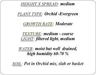 HEIGHT X SPREAD: medium

PLANT TYPE: Orchid -Evergreen

GROWTH RATE: Moderate

TEXTURE: medium - coarse
LIGHT: filtered light, medium

WATER: moist but well  drained, 
high humidity 60-70 %

SOIL: Pot in Orchid mix, slab or basket
