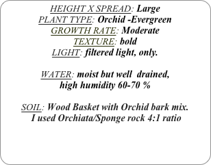 HEIGHT X SPREAD: Large 
PLANT TYPE: Orchid -Evergreen
GROWTH RATE: Moderate
TEXTURE: bold
LIGHT: filtered light, only.

WATER: moist but well  drained, 
high humidity 60-70 %

SOIL: Wood Basket with Orchid bark mix.
 I used Orchiata/Sponge rock 4:1 ratio
