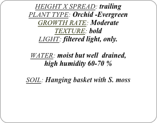 HEIGHT X SPREAD: trailing
PLANT TYPE: Orchid -Evergreen
GROWTH RATE: Moderate
TEXTURE: bold
LIGHT: filtered light, only.

WATER: moist but well  drained, 
high humidity 60-70 %

SOIL: Hanging basket with S. moss
