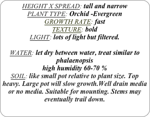 HEIGHT X SPREAD: tall and narrow
PLANT TYPE: Orchid -Evergreen
GROWTH RATE: fast
TEXTURE: bold
LIGHT: lots of light but filtered.

WATER: let dry between water, treat similar to phalaenopsis
high humidity 60-70 %
SOIL: like small pot relative to plant size. Top heavy. Large pot will slow growth.Well drain media or no media. Suitable for mounting. Stems may eventually trail down.
