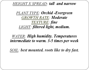 HEIGHT X SPREAD: tall  and narrow

PLANT TYPE: Orchid -Evergreen
GROWTH RATE: Moderate
TEXTURE: fine
LIGHT: filtered light, medium.

WATER: High humidity. Temperatures intermediate to warm. 3-5 times per week

SOIL: best mounted. roots like to dry fast.
