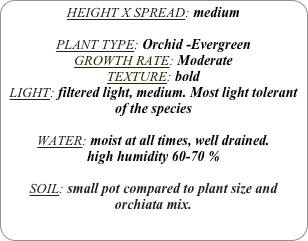 HEIGHT X SPREAD: medium

PLANT TYPE: Orchid -Evergreen
GROWTH RATE: Moderate
TEXTURE: bold
LIGHT: filtered light, medium. Most light tolerant of the species

WATER: moist at all times, well drained. 
high humidity 60-70 %

SOIL: small pot compared to plant size and orchiata mix.
