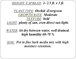 HEIGHT X SPREAD: 2- 2.5 ft. x 1 ft.

PLANT TYPE: Orchid -Evergreen
GROWTH RATE: Moderate
TEXTURE: bold
LIGHT: plenty of sun, even direct sun light.

WATER: let dry between water, well drained. 
high humidity 60-70 %

SOIL: Pot in fine bark media mix with high moisture retention.
