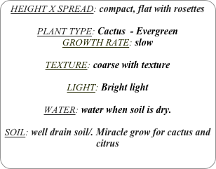 HEIGHT X SPREAD: compact, flat with rosettes

PLANT TYPE: Cactus  - Evergreen
GROWTH RATE: slow

TEXTURE: coarse with texture

LIGHT: Bright light

WATER: water when soil is dry.

SOIL: well drain soil/. Miracle grow for cactus and citrus
