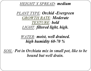 HEIGHT X SPREAD: medium

PLANT TYPE: Orchid -Evergreen
GROWTH RATE: Moderate
TEXTURE: bold
LIGHT: filtered light, high.

WATER: moist, well drained. 
high humidity 60-70 %

SOIL: Pot in Orchiata mix in small pot, like to be bound but well drain.
