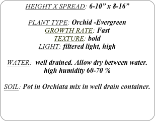 HEIGHT X SPREAD: 6-10” x 8-16”

PLANT TYPE: Orchid -Evergreen
GROWTH RATE: Fast
TEXTURE: bold
LIGHT: filtered light, high

WATER:  well drained. Allow dry between water.
high humidity 60-70 %

SOIL: Pot in Orchiata mix in well drain container.
