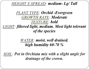HEIGHT X SPREAD: medium- Lg/ Tall

PLANT TYPE: Orchid -Evergreen
GROWTH RATE: Moderate
TEXTURE: bold
LIGHT: filtered light, medium. Most light tolerant of the species

WATER: moist, well drained. 
high humidity 60-70 %

SOIL: Pot in Orchiata mix with a slight angle for drainage of the crown. 
