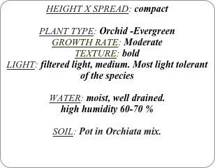 HEIGHT X SPREAD: compact

PLANT TYPE: Orchid -Evergreen
GROWTH RATE: Moderate
TEXTURE: bold
LIGHT: filtered light, medium. Most light tolerant of the species

WATER: moist, well drained. 
high humidity 60-70 %

SOIL: Pot in Orchiata mix.
