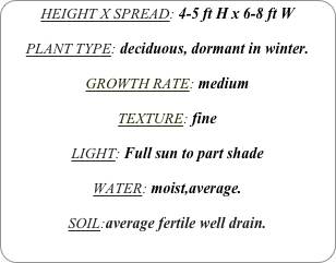 HEIGHT X SPREAD: 4-5 ft H x 6-8 ft W

PLANT TYPE: deciduous, dormant in winter.

GROWTH RATE: medium

TEXTURE: fine

LIGHT: Full sun to part shade

WATER: moist,average.

SOIL:average fertile well drain.
