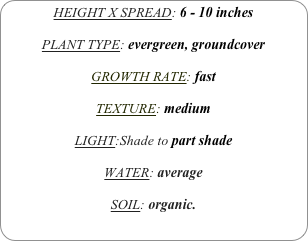 HEIGHT X SPREAD: 6 - 10 inches

PLANT TYPE: evergreen, groundcover

GROWTH RATE: fast

TEXTURE: medium

LIGHT:Shade to part shade

WATER: average

SOIL: organic.

